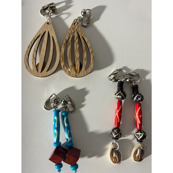 African Bone Cowrie Clip On Earrings 3 Pair Dangles 2-3" Boho Hippie USA Made E5 - Picture 6 of 9